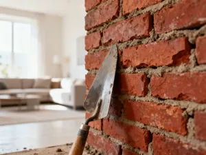 Zbliżenie na kwitnącą koronę cierniową z czerwonymi kwiatami i kolczastymi łodygami w jasnym, słonecznym wnętrzu.