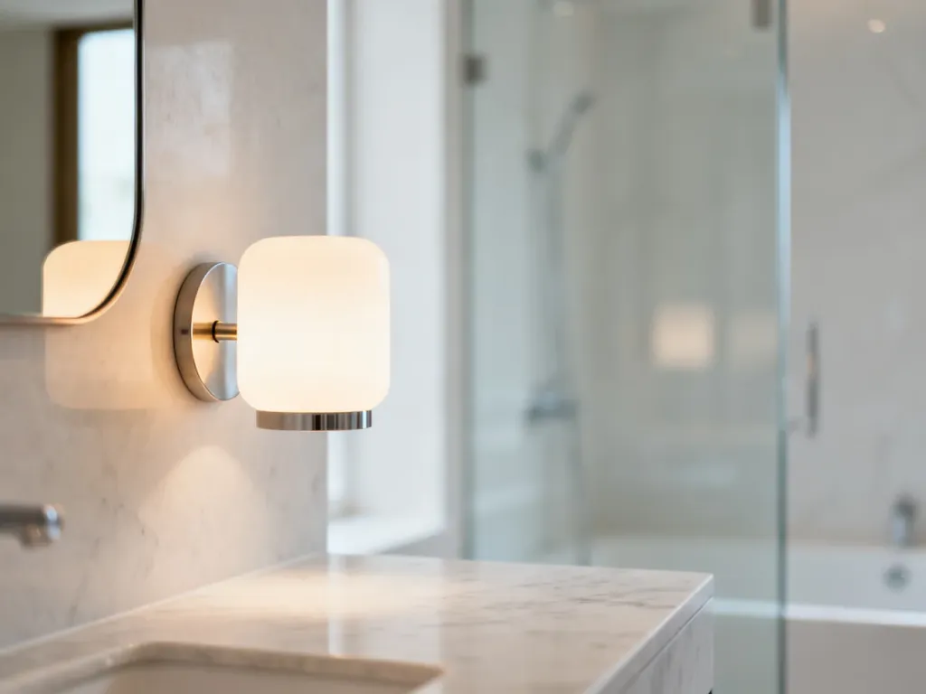 Nowoczesna lampa ścienna nad umywalką w minimalistycznej łazience, zapewniająca nastrojowe i ciepłe oświetlenie.