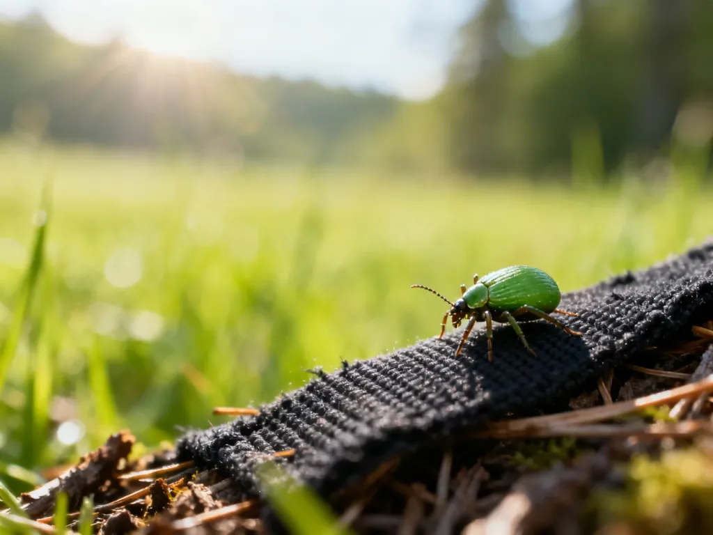 Kleszcz na ciemnym materiale leśnym w zbliżeniu, ilustrujący zagrożenie ze strony pasożytów.
