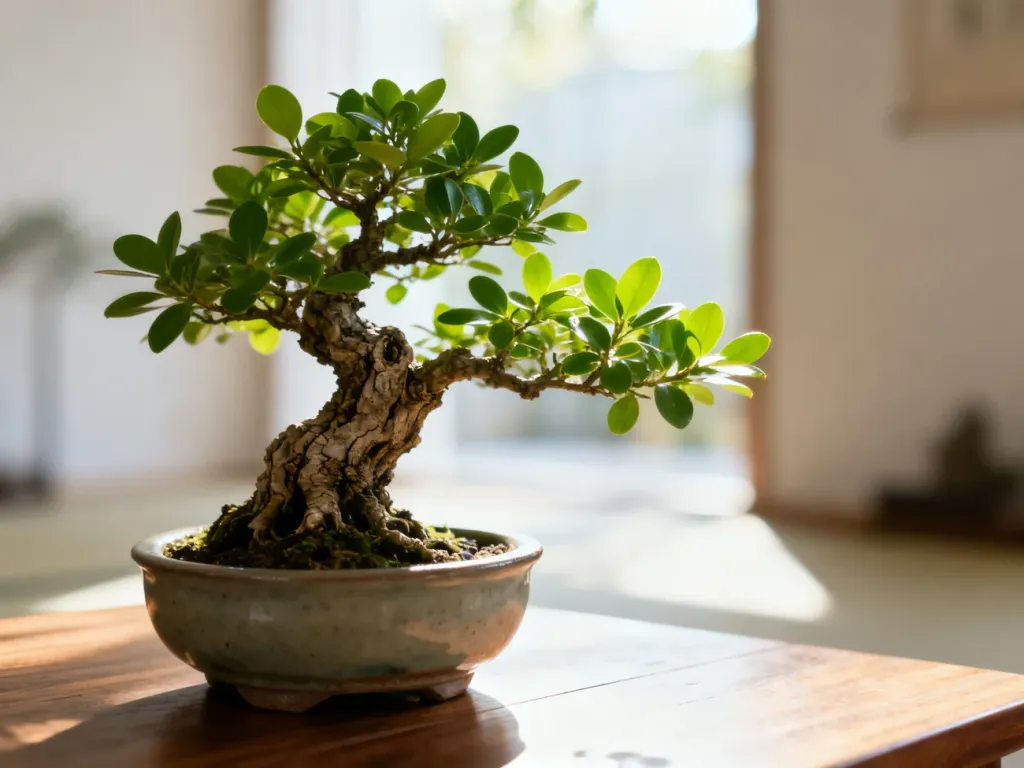 Zbliżenie na miniaturowe drzewko bonsai w ceramicznej doniczce, ukazujące detale kory i soczyście zielone liście.