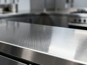 Brązowe meble kuchenne z jasnym beżowym blatem kamiennym o subtelnych żyłkach, w tle ciepłe, neutralne płytki