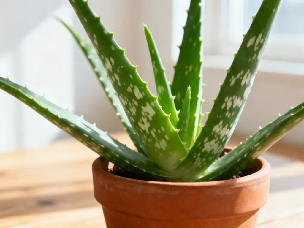 Zdrowy aloes leczniczy w terakotowej doniczce z charakterystycznymi, mięsistymi liśćmi w słonecznym wnętrzu.
