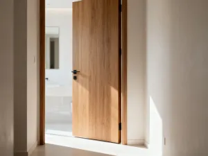Jasny, nowoczesny salon z minimalistycznym stolikiem kawowym, przytulną sofą i naturalnym światłem wpadającym przez okna.