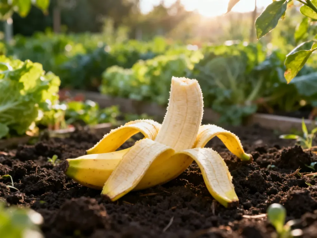 Skórka banana leżąca na żyznej ziemi ogrodowej, gotowa do wykorzystania jako naturalny nawóz dla roślin.
