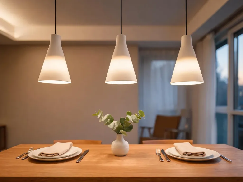 Przytulna jadalnia z drewnianym stołem i rzędem eleganckich lamp wiszących, pokazujących idealne oświetlenie nad stół