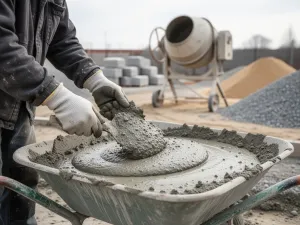 Dłoń budowlańca trzymająca granulat z wełny mineralnej, w tle worki z ociepleniem na poddaszu w trakcie izolacji