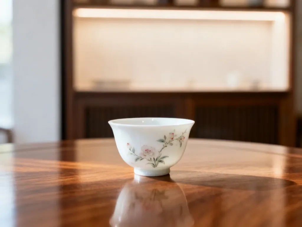 Elegancka biała filiżanka z ręcznie malowanym motywem kwiatowym na drewnianym stole, prezentująca wysokiej jakości porcelanę.