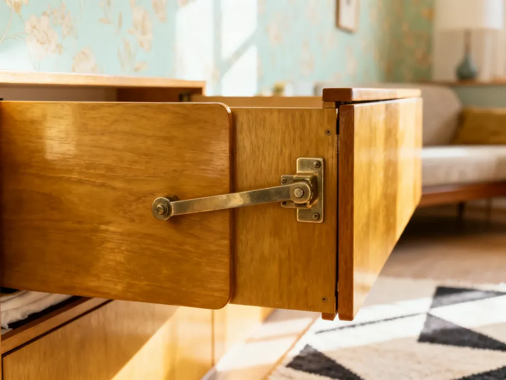 Otwarty drewniany półkotapczan w stylu mid-century modern na tle przytulnego salonu w klimacie retro.