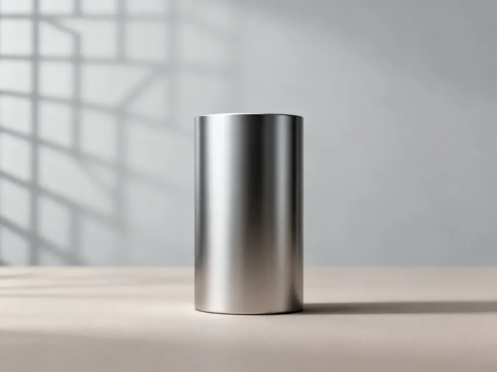Minimalistyczny, metalowy cylinder na neutralnym tle, ilustrujący bryłę geometryczną w kontekście obliczeń matematycznych.