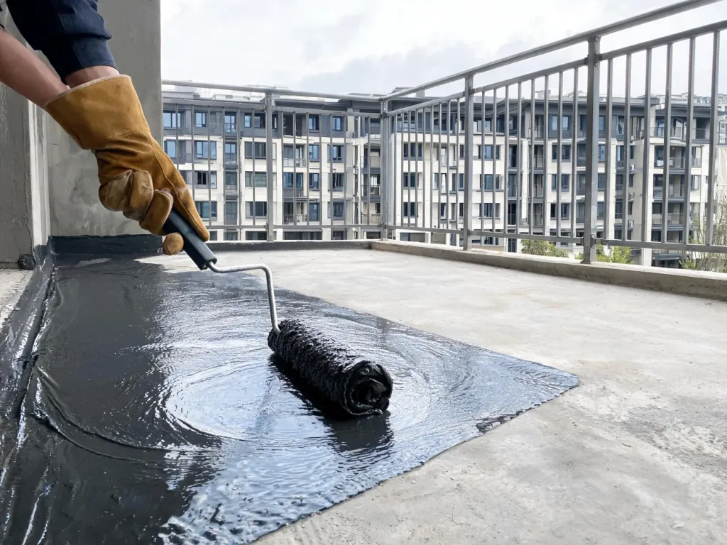 Robotnik nakłada wałkiem hydroizolację na posadzkę balkonu, zabezpieczając beton przed wodą w nowoczesnym budynku.
