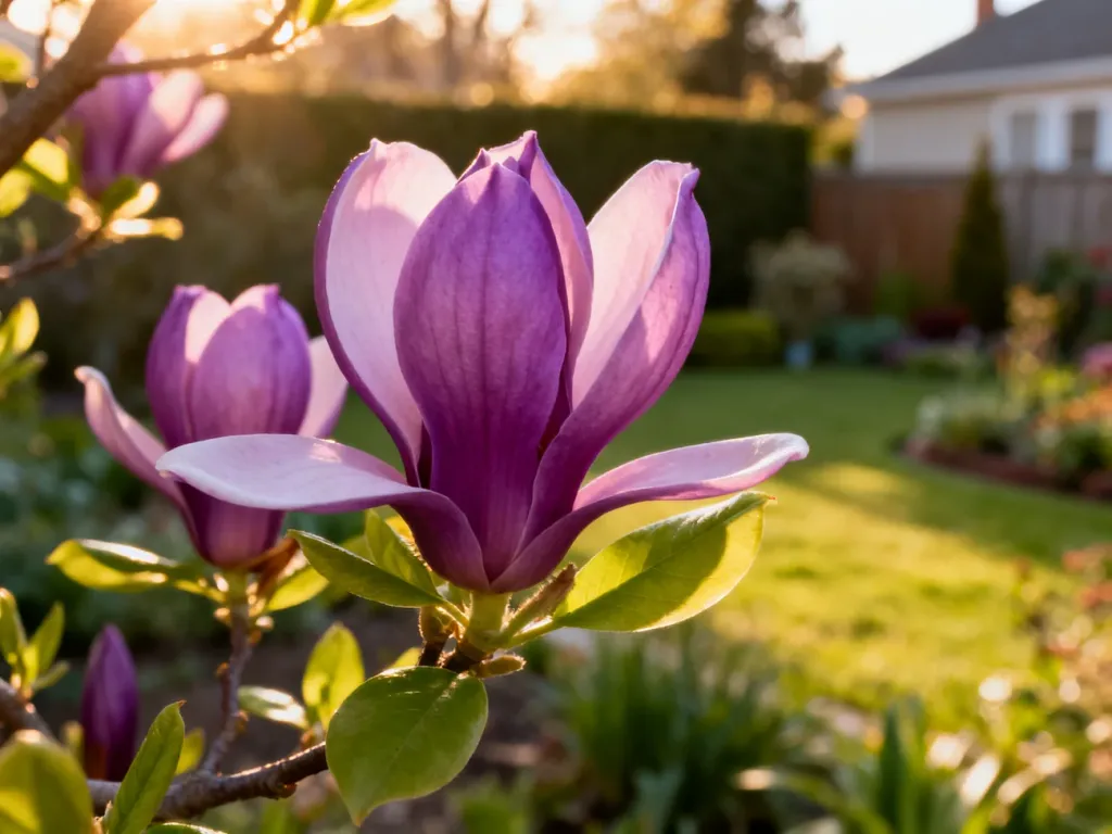 Zbliżenie na kwitnące, purpurowo-różowe kwiaty magnolii Jane w słonecznym ogrodzie.