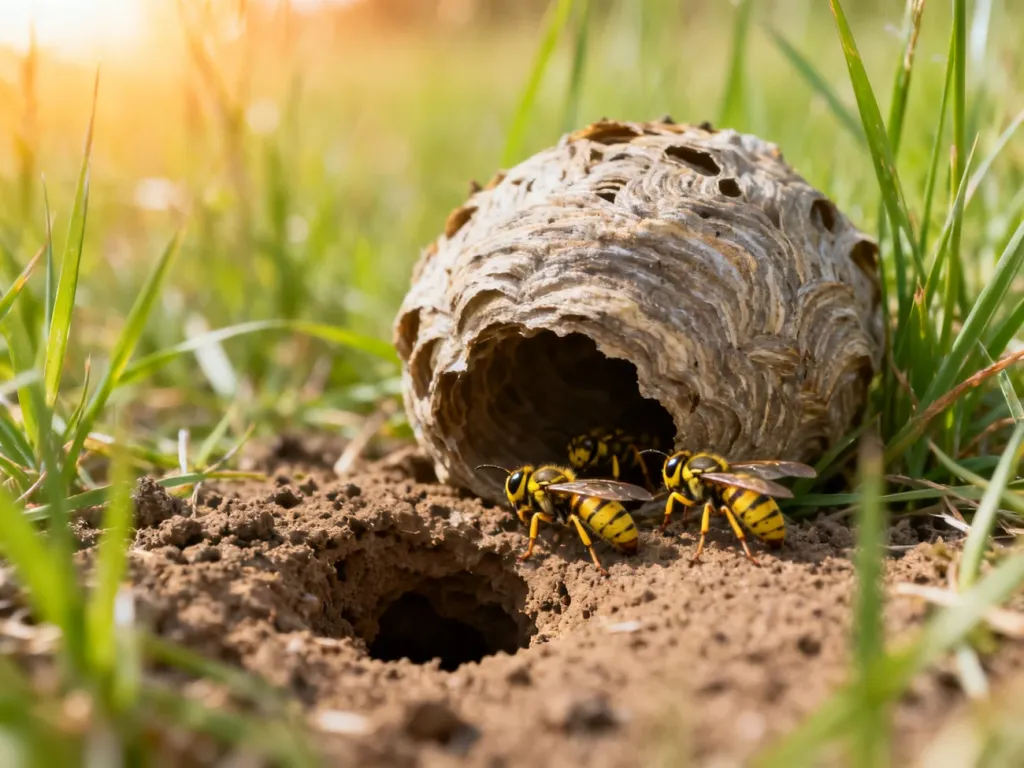 Otwór gniazda os w ziemi na łące, wokół którego widać owady. Zdjęcie ilustruje wygląd siedliska os w trawiastym terenie.