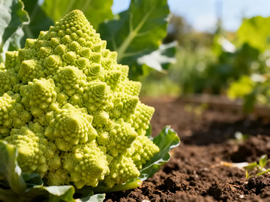 Zbliżenie na geometryczne, spiralne różyczki kalafiora romanesco w słonecznym ogrodzie.