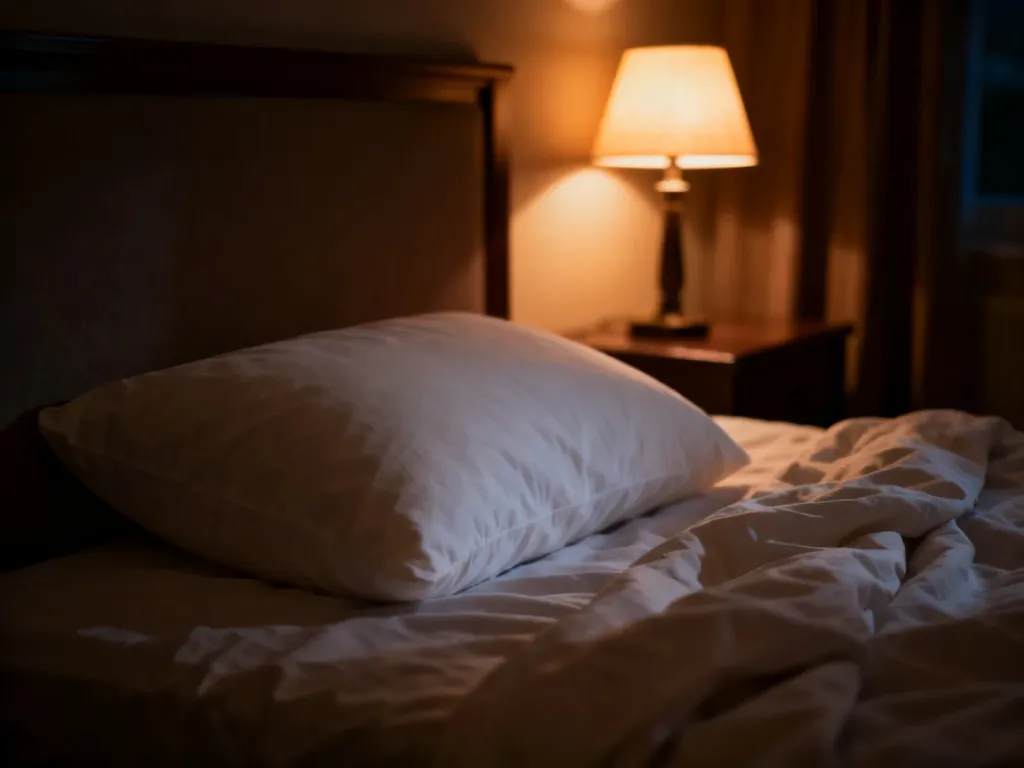 Przytulna sypialnia z miękką pościelą i ciepłym światłem lampki nocnej, sprzyjająca zdrowemu i spokojnemu snu.