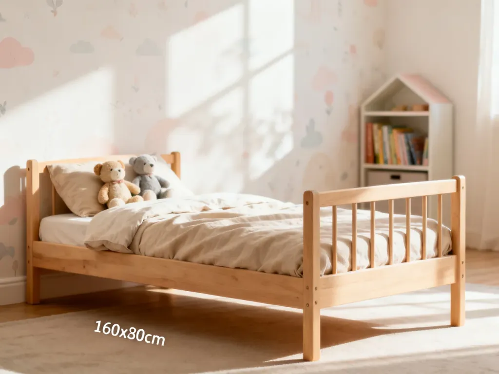 Przytulny pokój dziecięcy z drewnianym łóżkiem o wymiarach 160x80 cm, pościelą w neutralnych barwach i pluszowymi zabawkami.