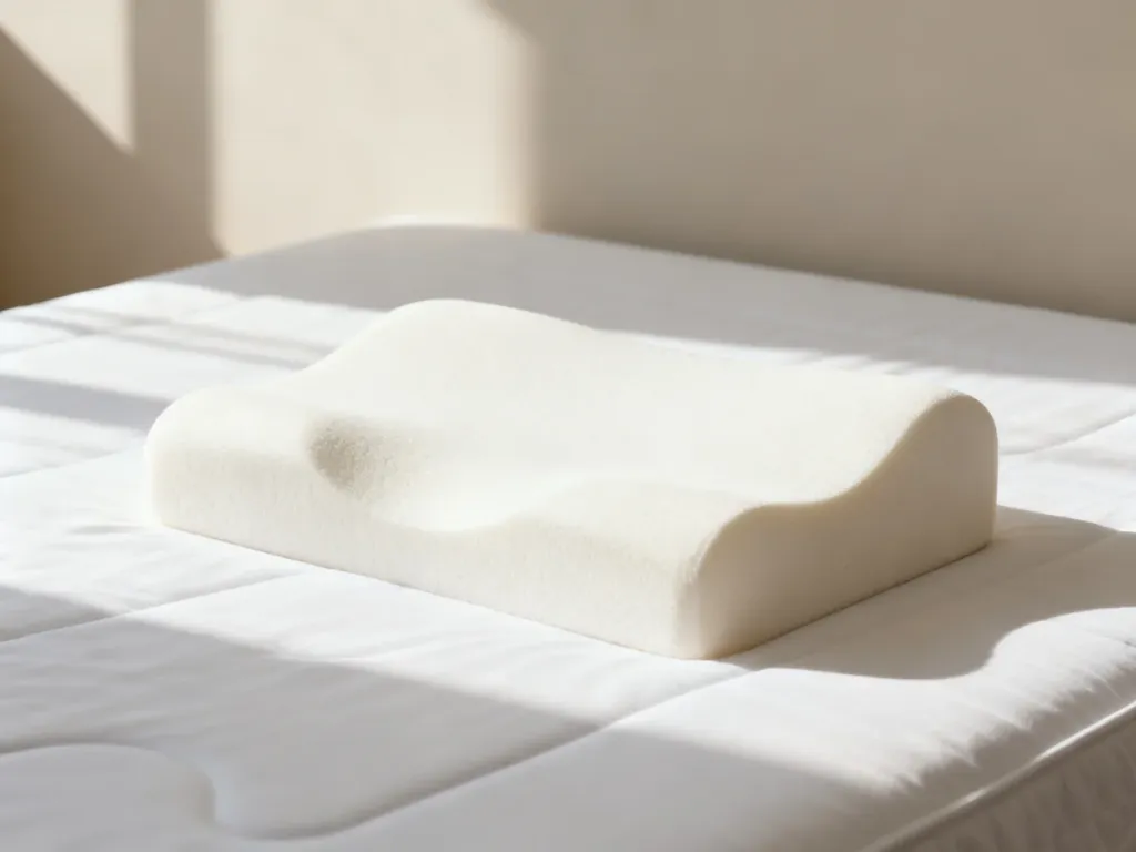 Ortopedyczna poduszka z pianki termoelastycznej na ergonomicznym materacu, zapewniająca wsparcie dla kręgosłupa.