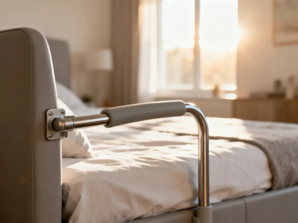 Ergonomiczna barierka przy łóżku ułatwiająca wstawanie, zamontowana w jasnej i przytulnej sypialni.