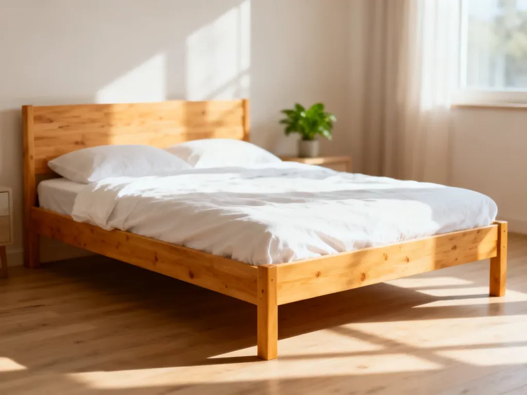 Minimalistyczne łóżko sosnowe 120x200 w jasnej, przytulnej sypialni z naturalnym wykończeniem drewna.