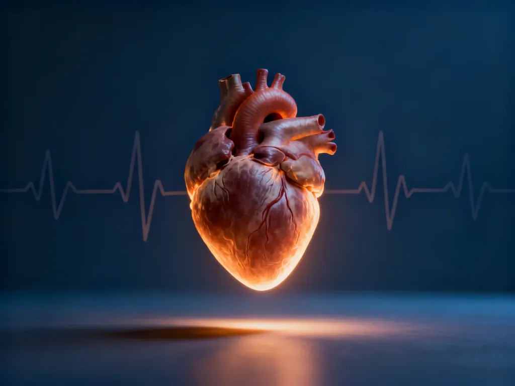 Anatomiczny model ludzkiego serca na ciemnoniebieskim tle z delikatnym zarysem linii EKG.