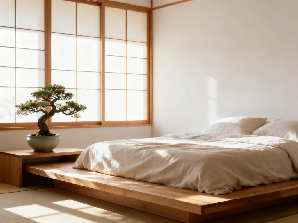 Minimalistyczna sypialnia w stylu japońskim z niskim drewnianym łóżkiem, drzewkiem bonsai i parawanem shoji.