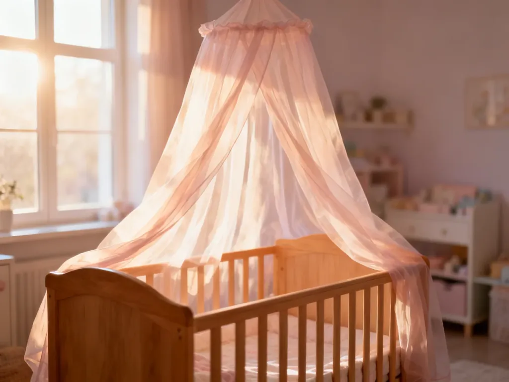 Drewniane łóżeczko dziecięce z eleganckim, zwiewnym baldachimem w przytulnym, pastelowym pokoju dziecięcym.