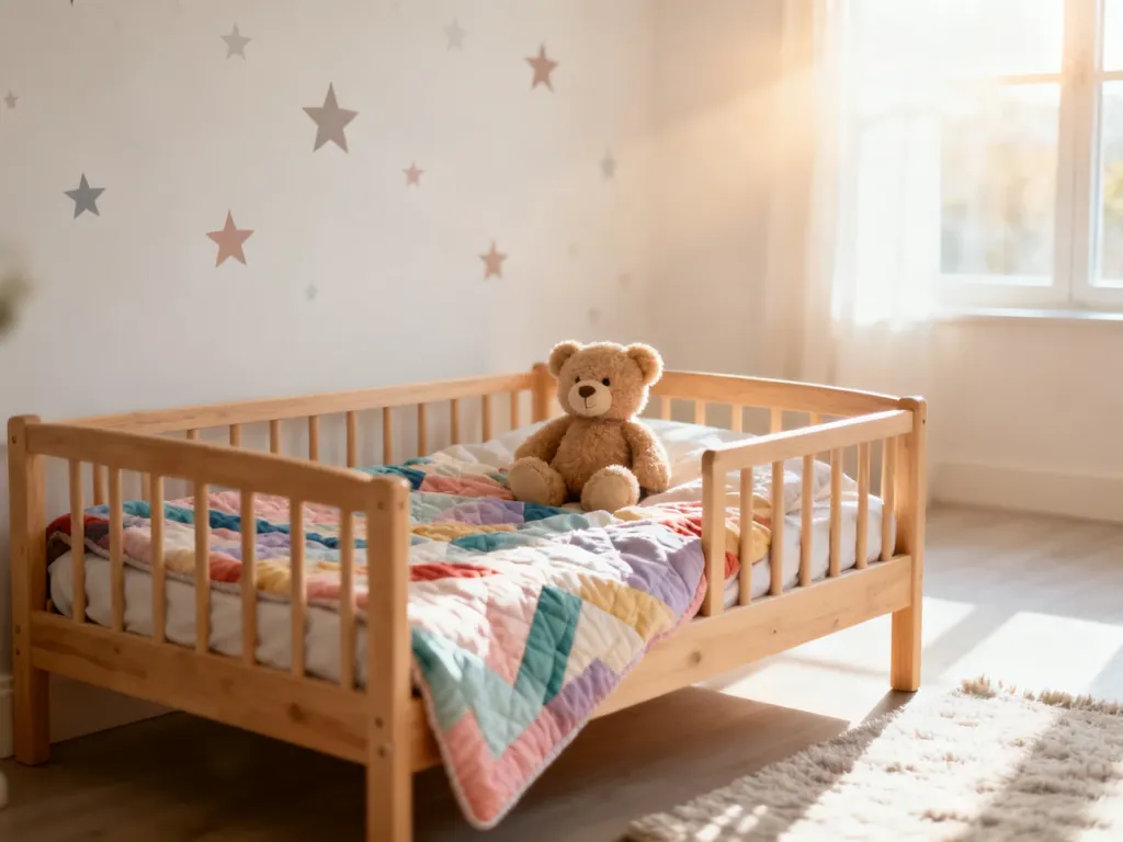 Przytulny pokój dziecięcy z drewnianym łóżkiem 80x160, kolorową kołdrą i pluszowym misiem w jasnym, słonecznym wnętrzu.