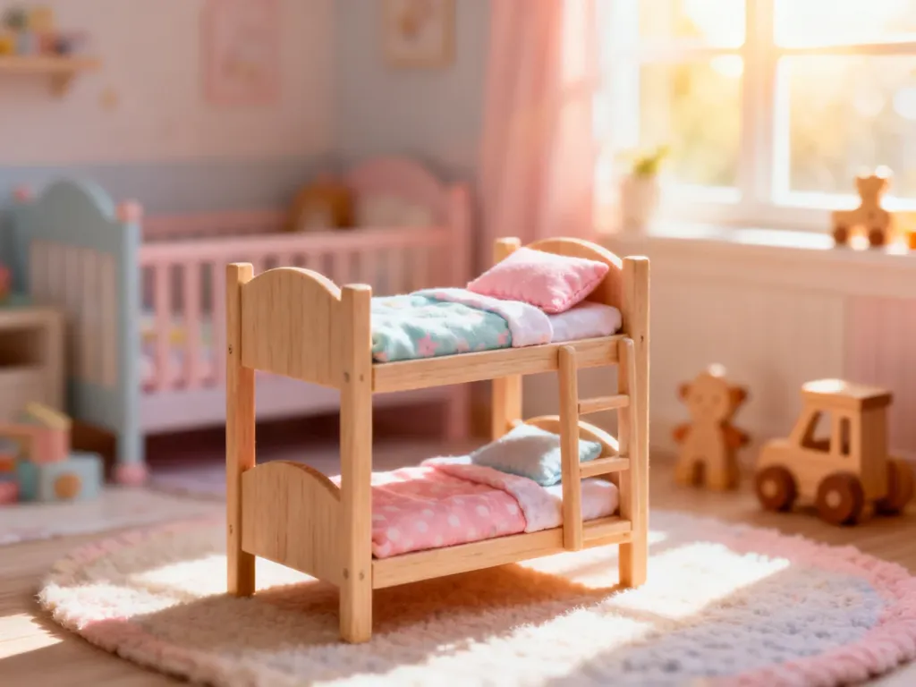 Drewniane łóżko piętrowe dla lalek z pastelową pościelą w przytulnym, słonecznym pokoju dziecięcym.