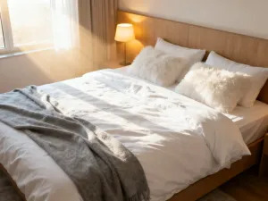 Minimalistyczna sypialnia z łóżkiem ustawionym zgodnie z zasadami feng shui, wypełniona ciepłym, porannym światłem.