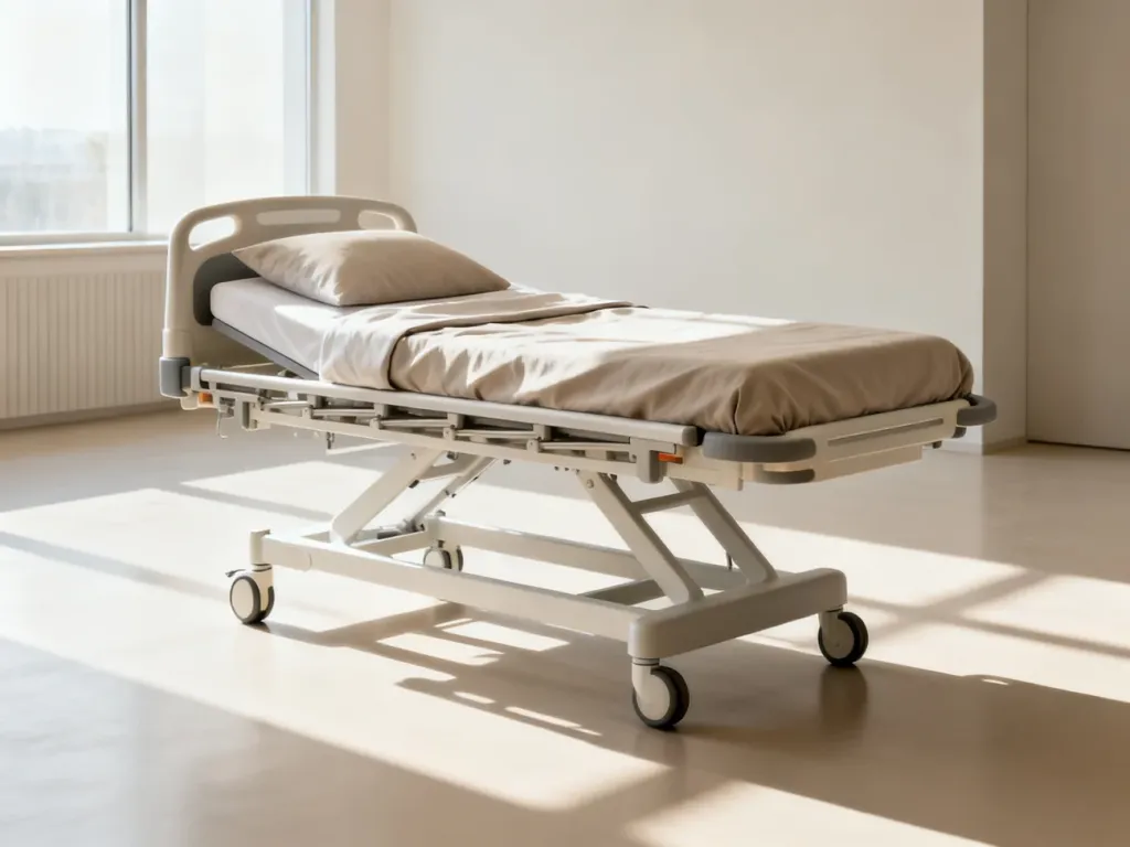 Nowoczesne łóżko rehabilitacyjne z regulacją w jasnym, przestronnym pokoju, podkreślające ergonomiczną konstrukcję.