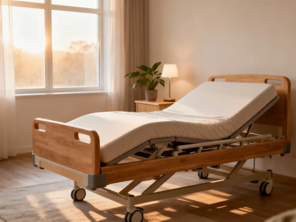 Wygodne, regulowane łóżko medyczne w przytulnej sypialni seniora, zapewniające komfort i wsparcie ergonomiczne.