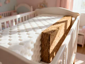Minimalistyczne łóżko domek z pastelową pościelą i światełkami w przytulnym, nowoczesnym pokoju dziecięcym.
