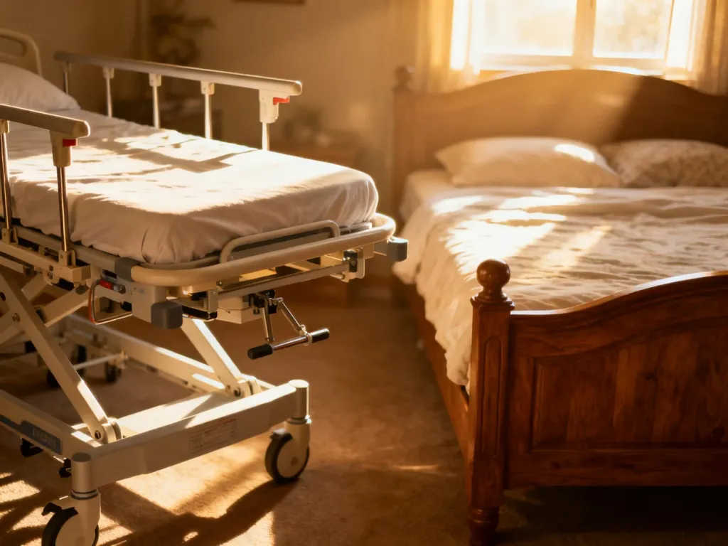 Porównanie nowoczesnego łóżka rehabilitacyjnego z barierkami oraz klasycznego łóżka drewnianego w przytulnej sypialni.