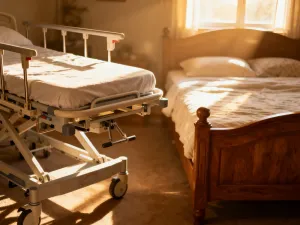 Przytulny pokój dziecięcy z drewnianą kołyską i nowoczesnym łóżeczkiem w świetle poranka, prezentujący opcje dla noworodka.