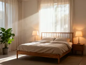 Przytulny pokój dziecięcy z drewnianym łóżkiem 140x70 cm w minimalistycznym stylu, oświetlony ciepłym światłem poranka.