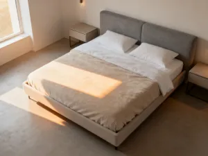 Wygodne, regulowane łóżko medyczne w przytulnej sypialni seniora, zapewniające komfort i wsparcie ergonomiczne.
