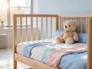 Minimalistyczna sypialnia na poddaszu z niskim łóżkiem platformowym ustawionym pod skosem, utrzymana w jasnym stylu skandynawskim.