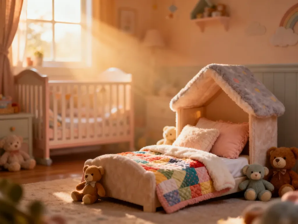 Przytulny pokój dziecięcy z łóżkiem pełnym pluszaków, tworzący spokojną i zachęcającą do snu atmosferę.