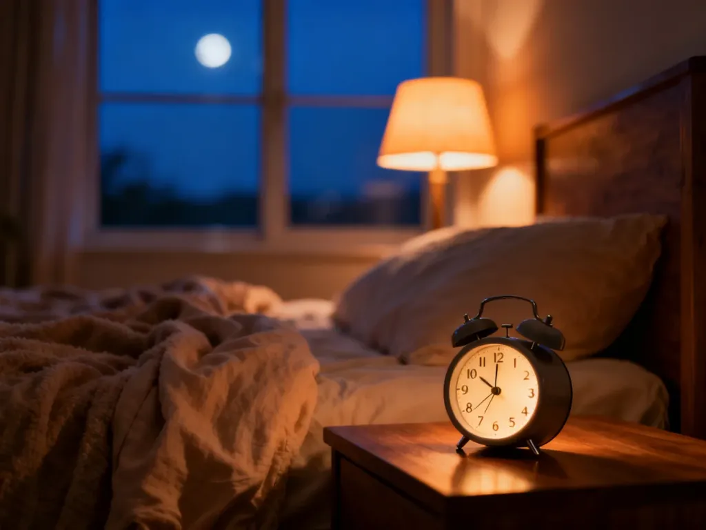 Przytulna sypialnia w nocy z budzikiem na szafce nocnej, podkreślająca znaczenie odpowiedniej pory snu.