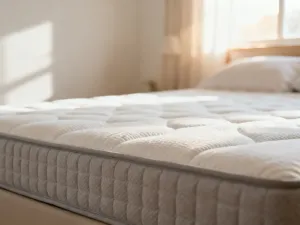 Minimalistyczne łóżko małżeńskie z litego dębu w przytulnej, jasnej sypialni z pościelą i ciepłym światłem słonecznym.