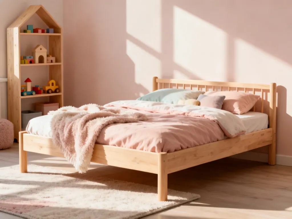 Przytulny pokój dziecięcy z drewnianym łóżkiem 70x160, utrzymany w ciepłej i zachęcającej stylistyce.