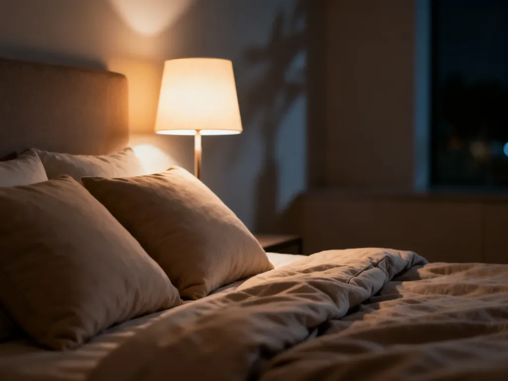 Przytulna sypialnia z łóżkiem oświetlonym ciepłym światłem lampki nocnej, podkreślająca atmosferę relaksu i zdrowego snu.