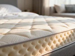 Minimalistyczne łóżko domek z pastelową pościelą i światełkami w przytulnym, nowoczesnym pokoju dziecięcym.