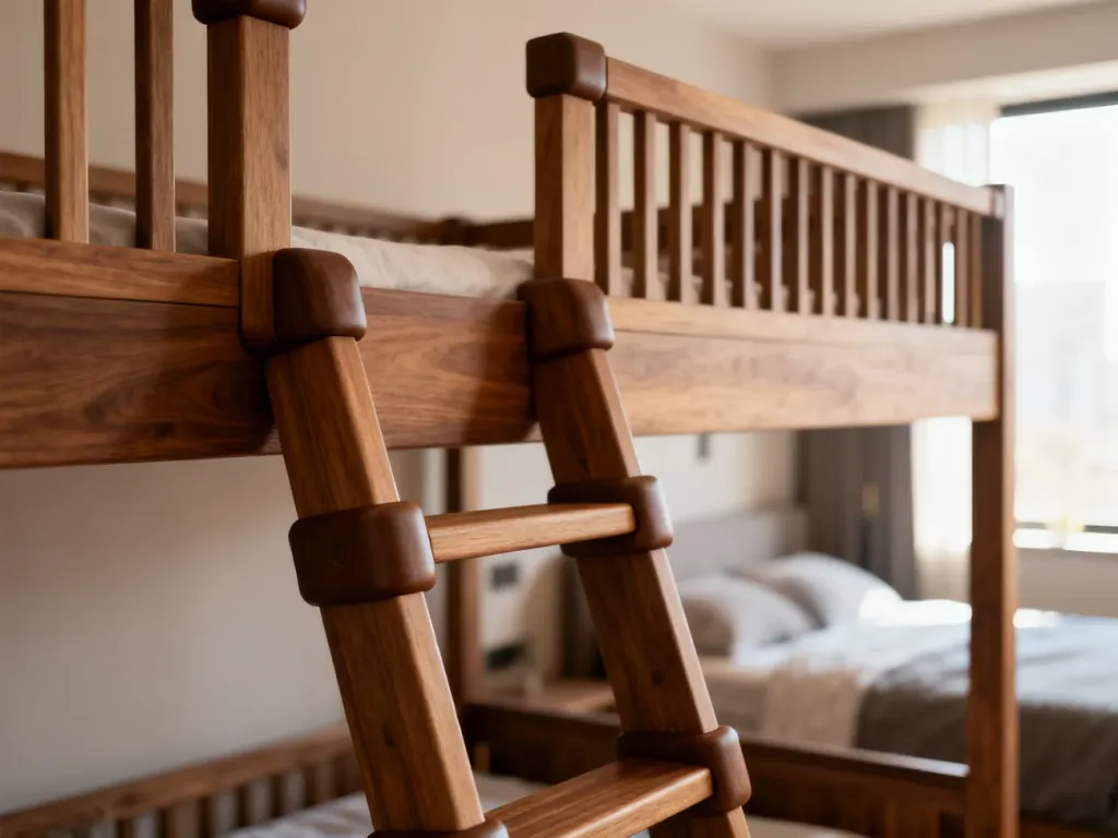 Solidna drewniana konstrukcja łóżka piętrowego z wyraźnie zaznaczonymi łączeniami drabinki i barierek ochronnych.