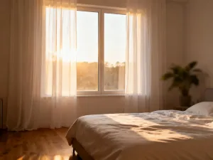 Elegancka, gładka pościel z tencelu o jedwabistej strukturze, subtelnie oświetlona porannym światłem w przytulnej sypialni.