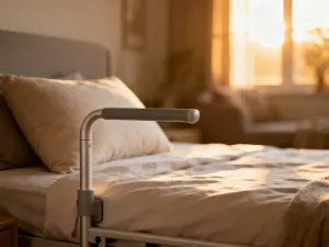 Minimalistyczna sypialnia z solidnym dębowym łóżkiem o naturalnym usłojeniu, oświetlona ciepłym światłem poranka.